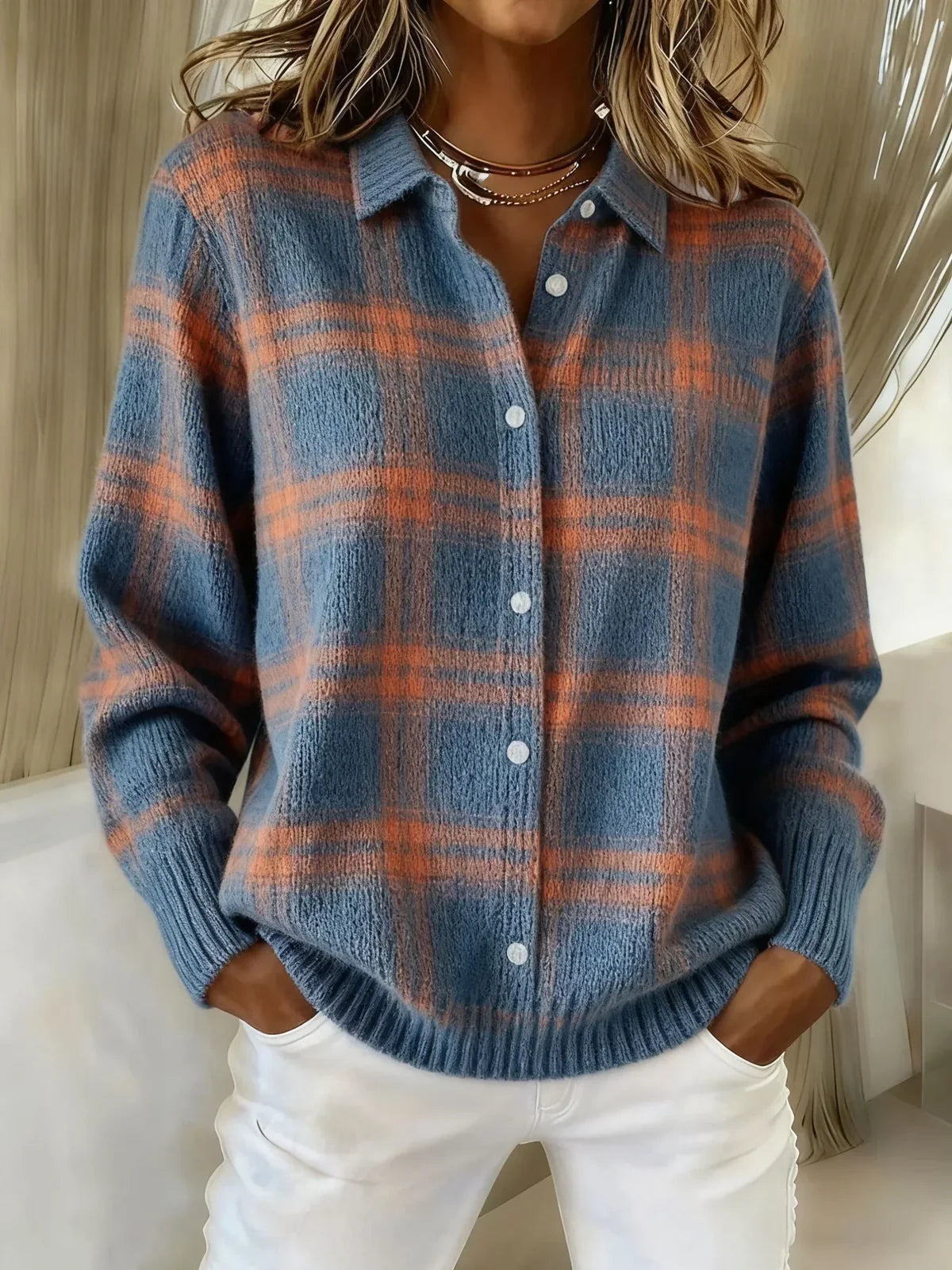 Ruitprint shirtjas blauw-oranje