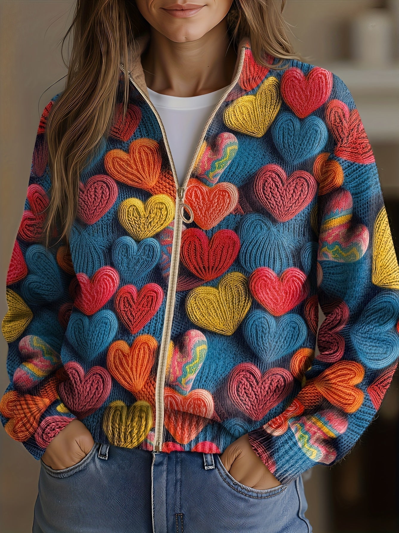 Cardigan met rits en hartjesprint