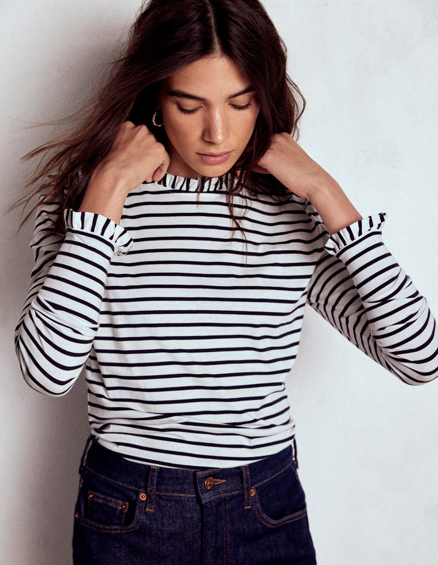 Supersoft Frill Detail Top Ivory Navy Stripe - front
