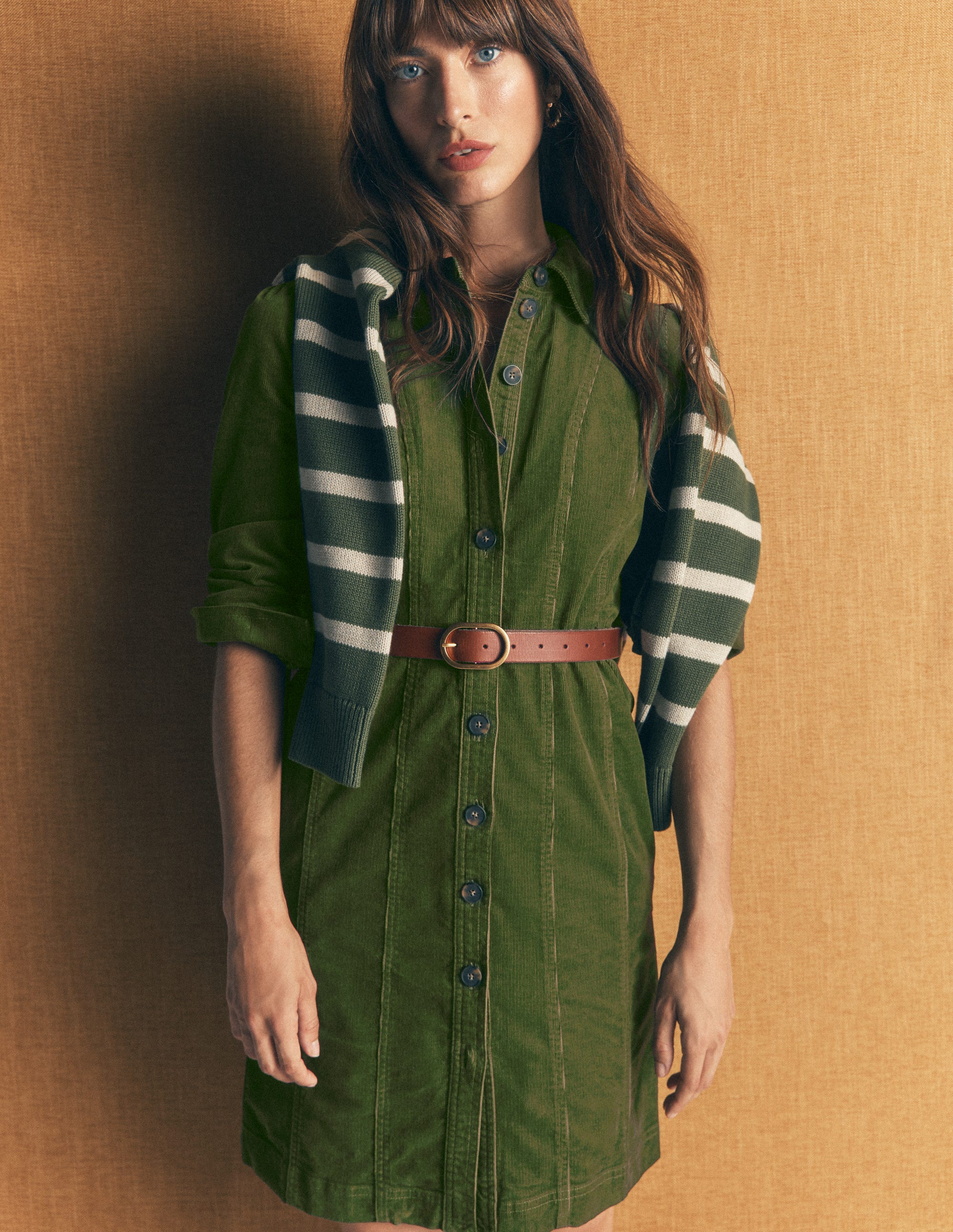 Rhoda Cord Short Dress Forest Green - front