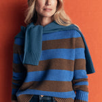 Marta Merino Wool Crew Jumper Bitter Chocolate Blue Stripe - front