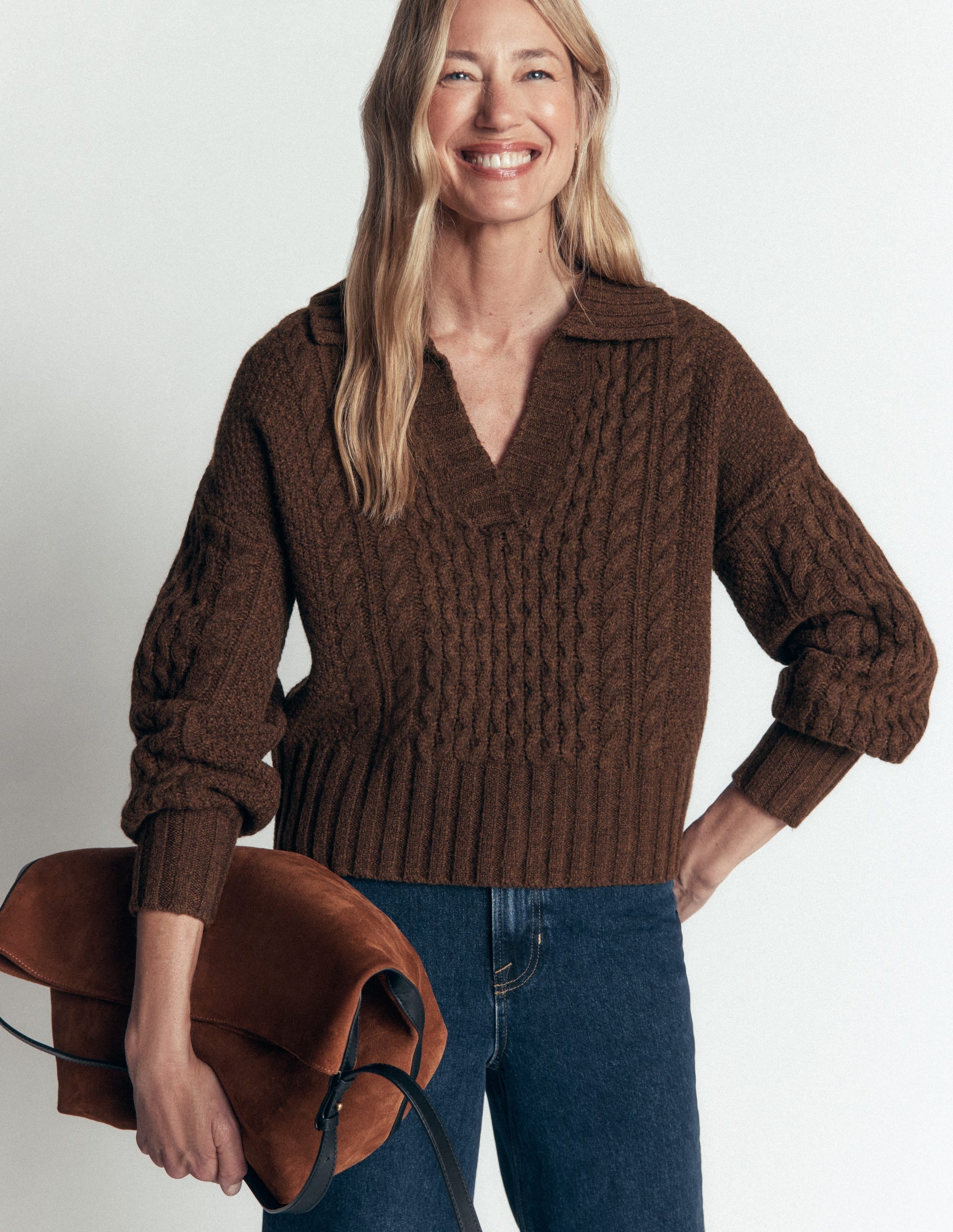 Collared Cable Knit Jumper Raw Umber - front