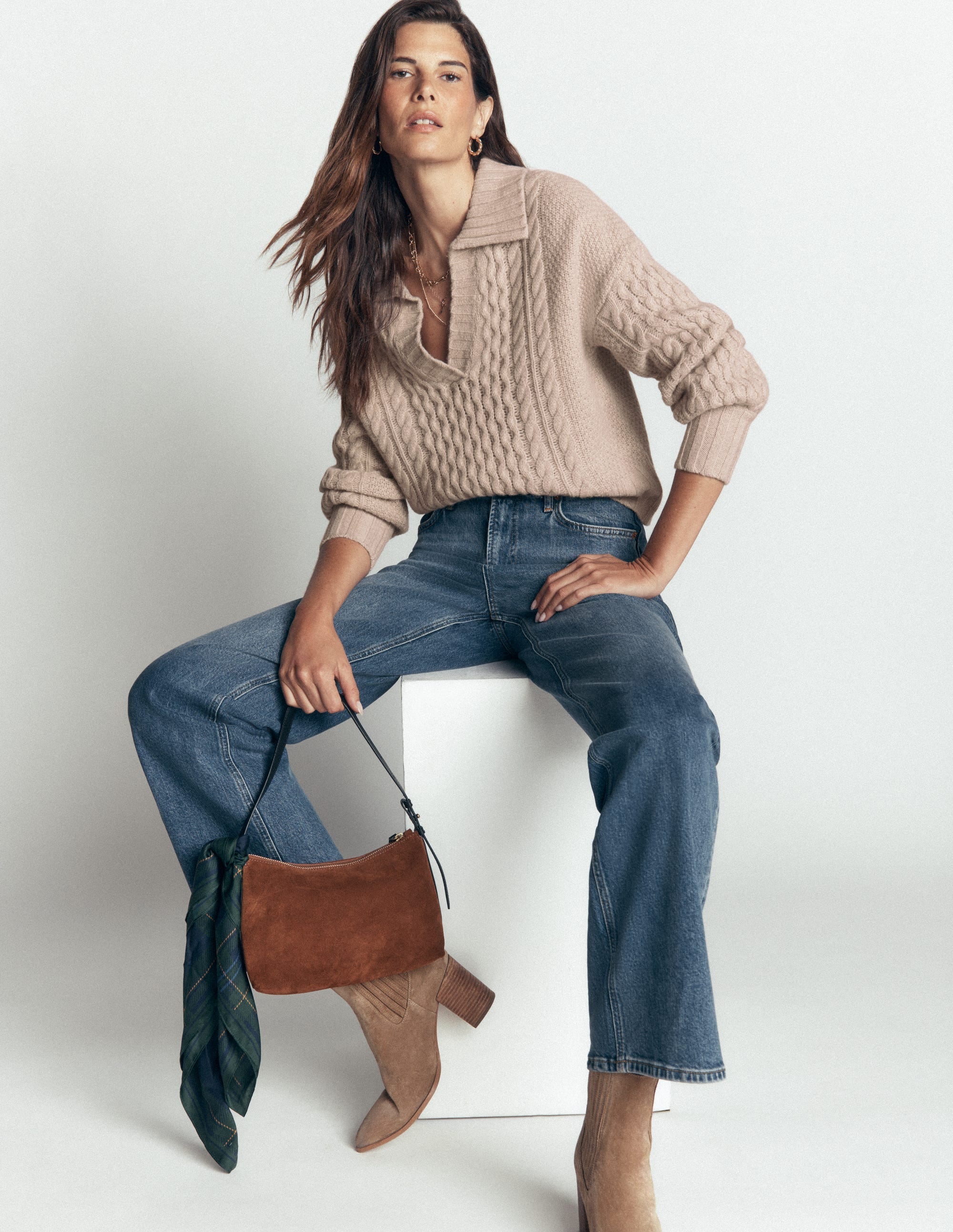 Collared Cable Knit Jumper Oatmeal - front
