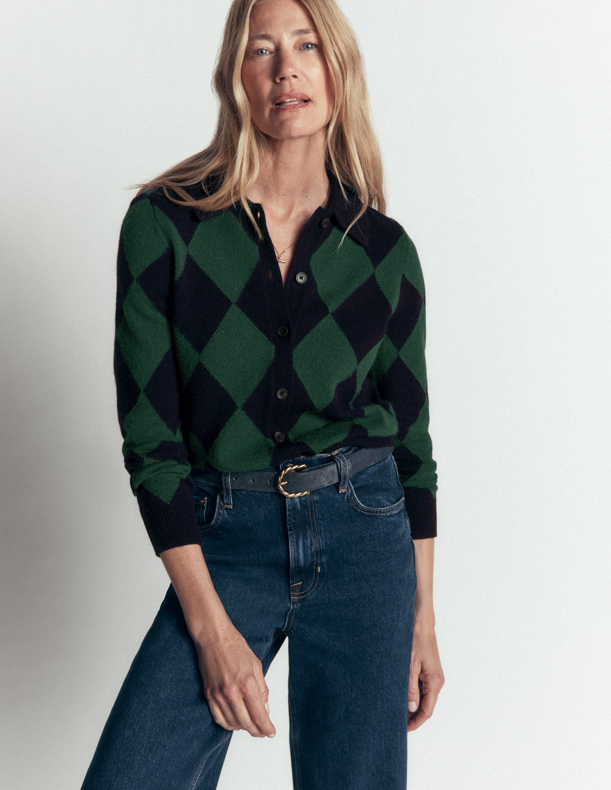 Ariadne Wool Blend Cardigan Navy Argyle - front