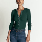 Velvet Trim Ribbed Cardigan Green Pine - front