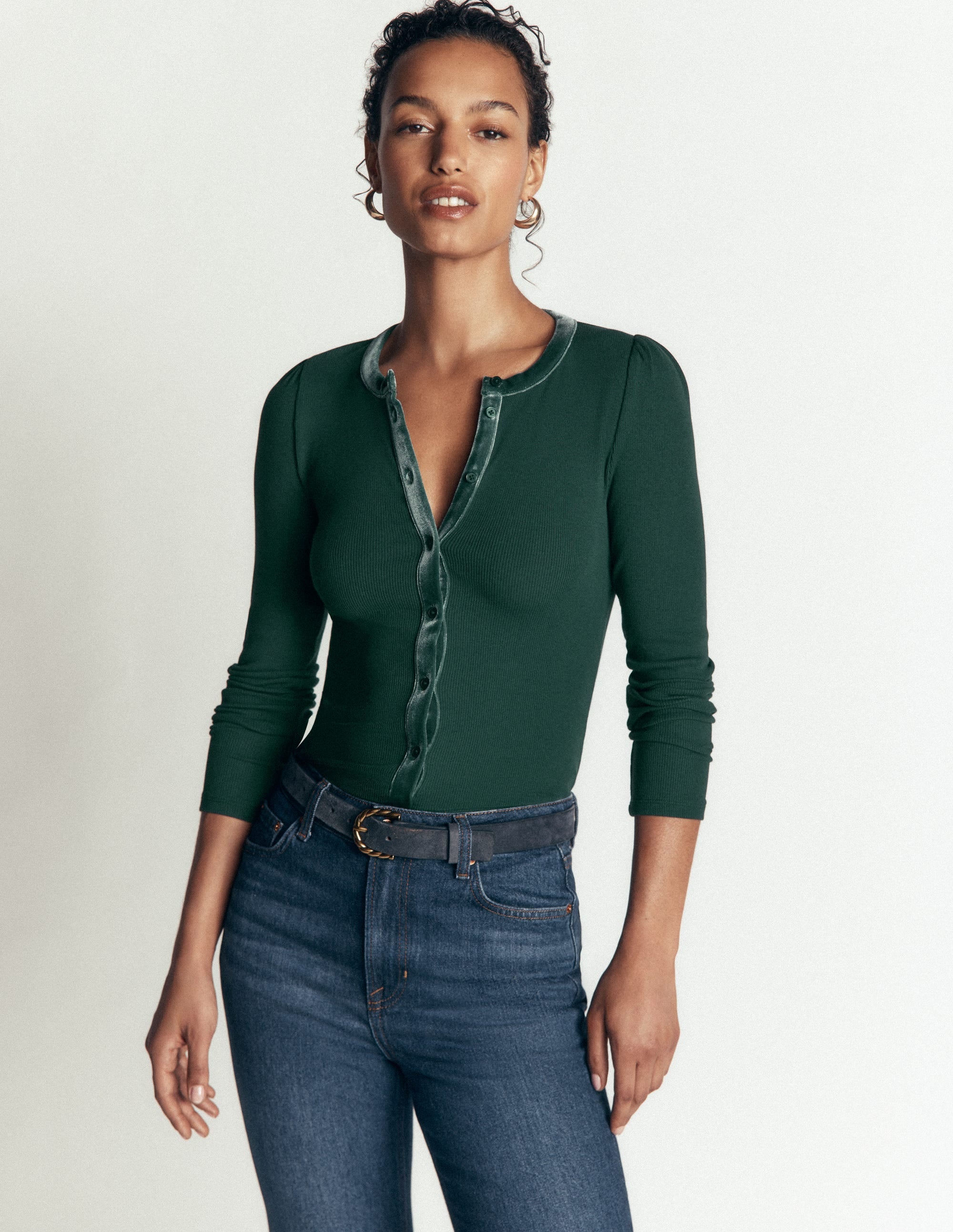 Velvet Trim Ribbed Cardigan Green Pine - front