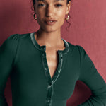 Velvet Trim Ribbed Cardigan Green Pine - detail