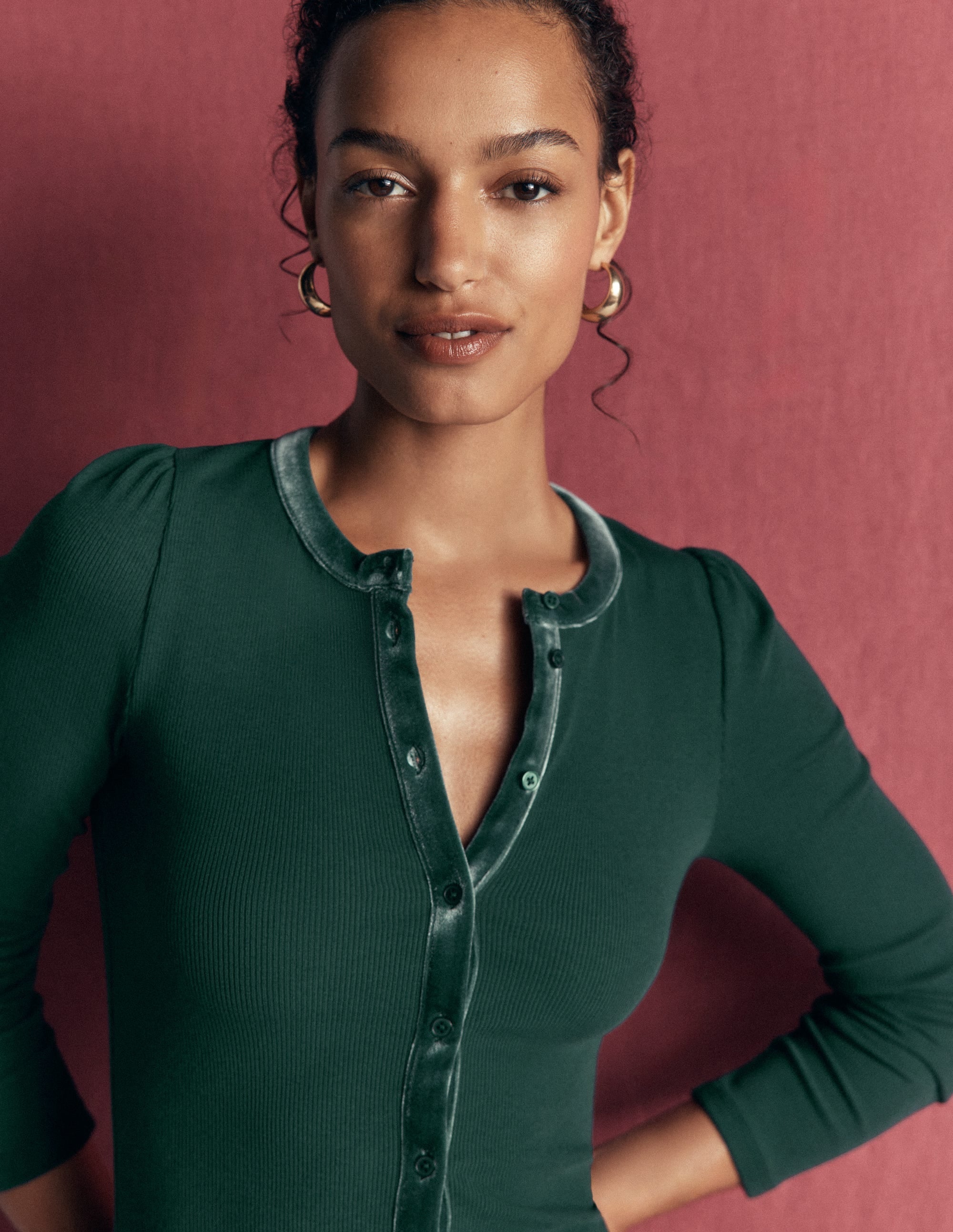 Velvet Trim Ribbed Cardigan Green Pine - detail
