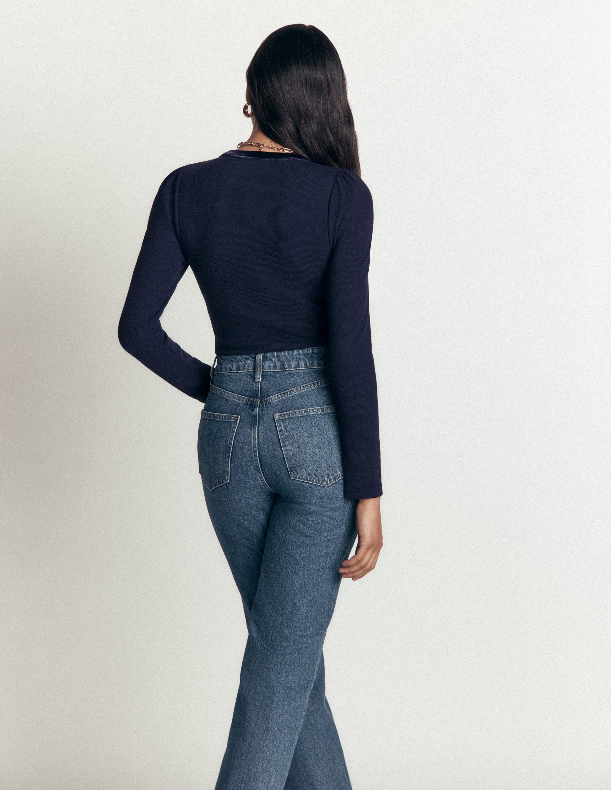 Velvet Trim Ribbed Cardigan Navy - front