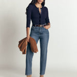 Velvet Trim Ribbed Cardigan Navy - detail