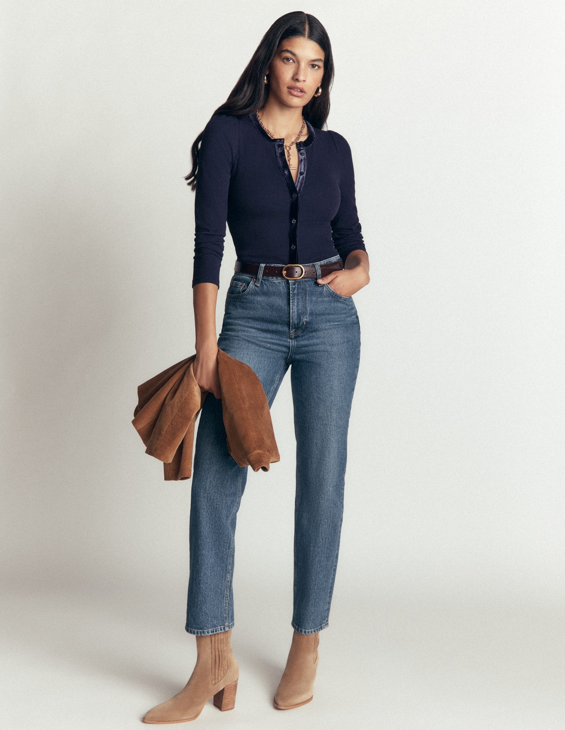 Velvet Trim Ribbed Cardigan Navy - detail