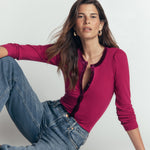 Velvet Trim Ribbed Cardigan Beetroot Red - front
