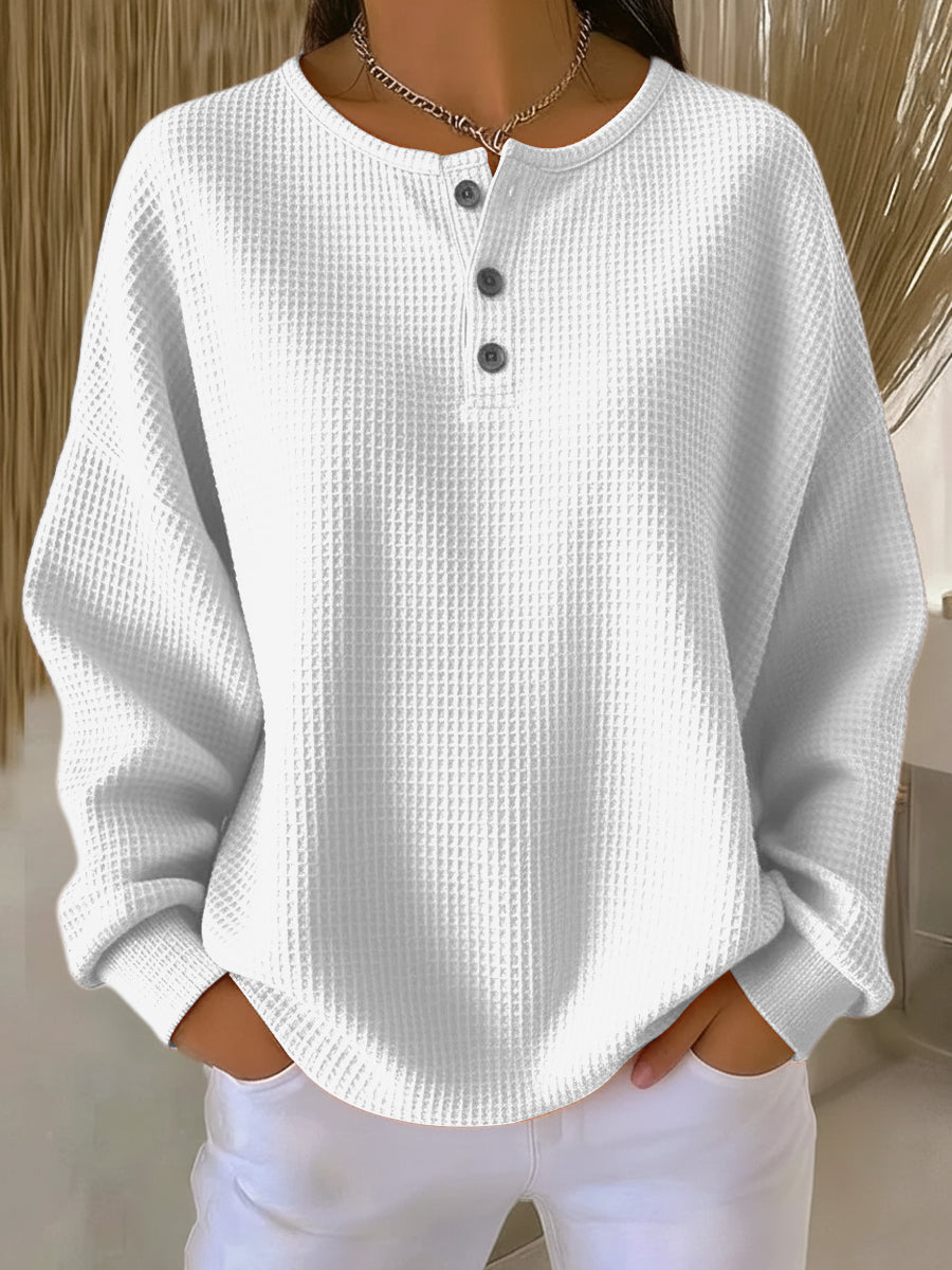 Wafeltrui met henley-hals wit