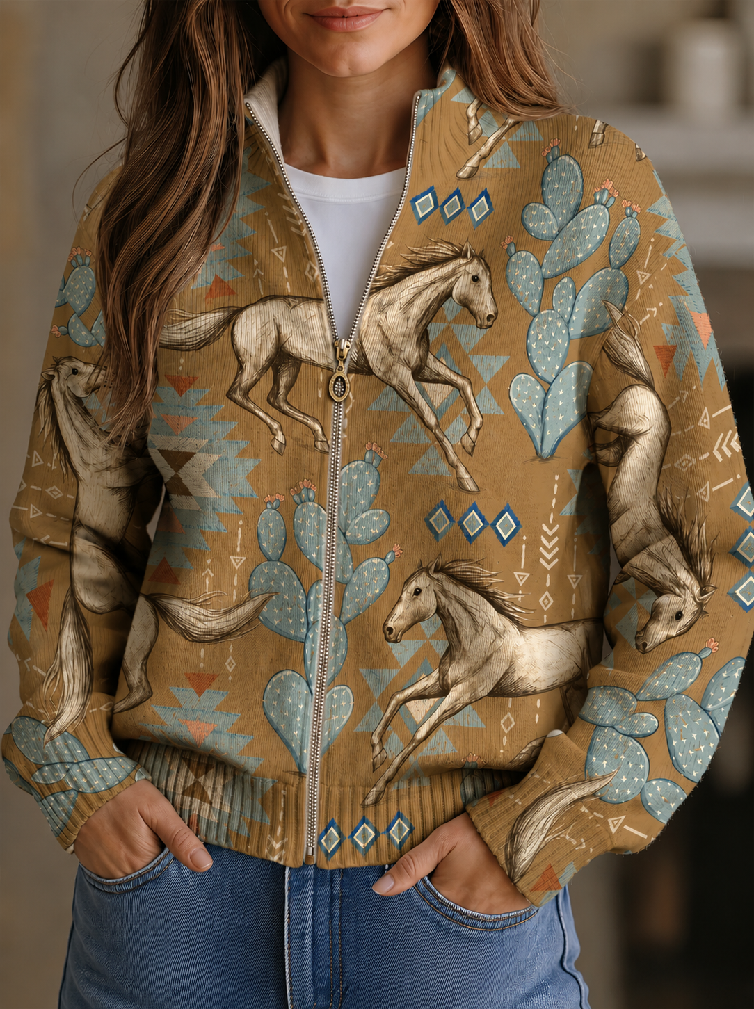 Cardigan met rits en woestijnprint