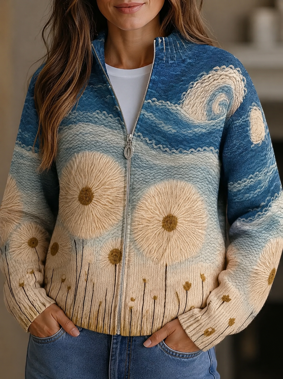 Cardigan met rits en paardenbloemprint