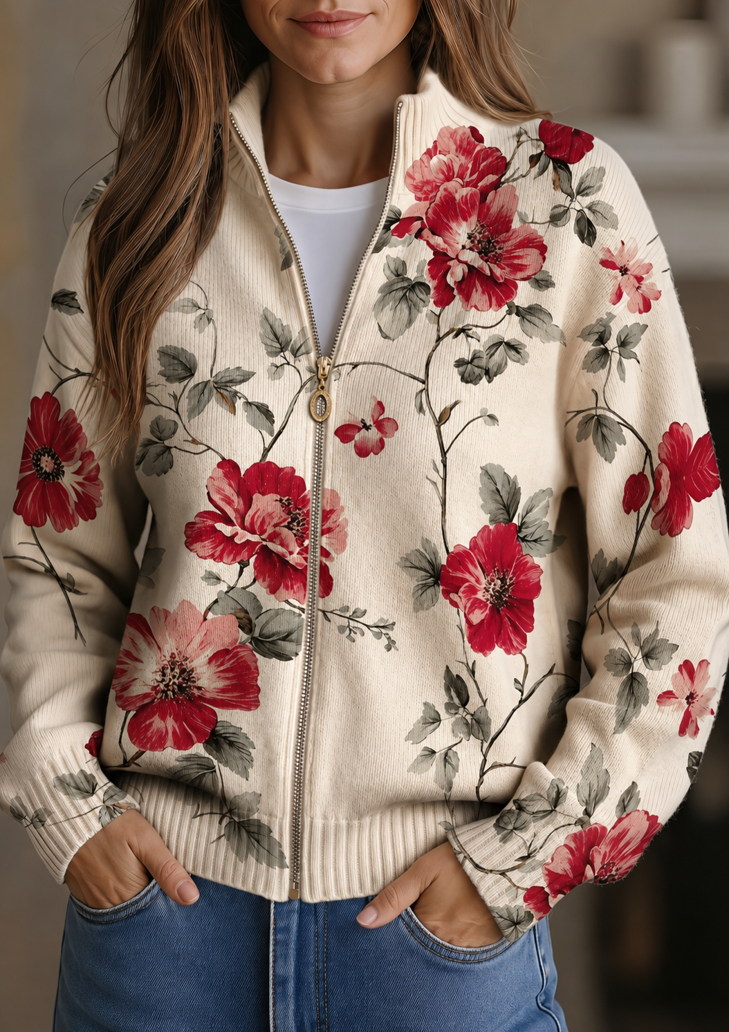 Cardigan met rits en rozenprint