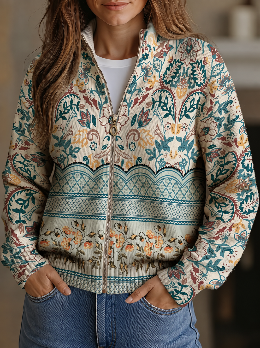 Cardigan met rits en botanische rand