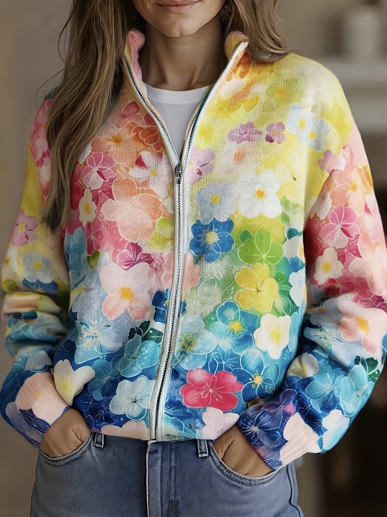 Cardigan met rits en aquarel bloemenprint