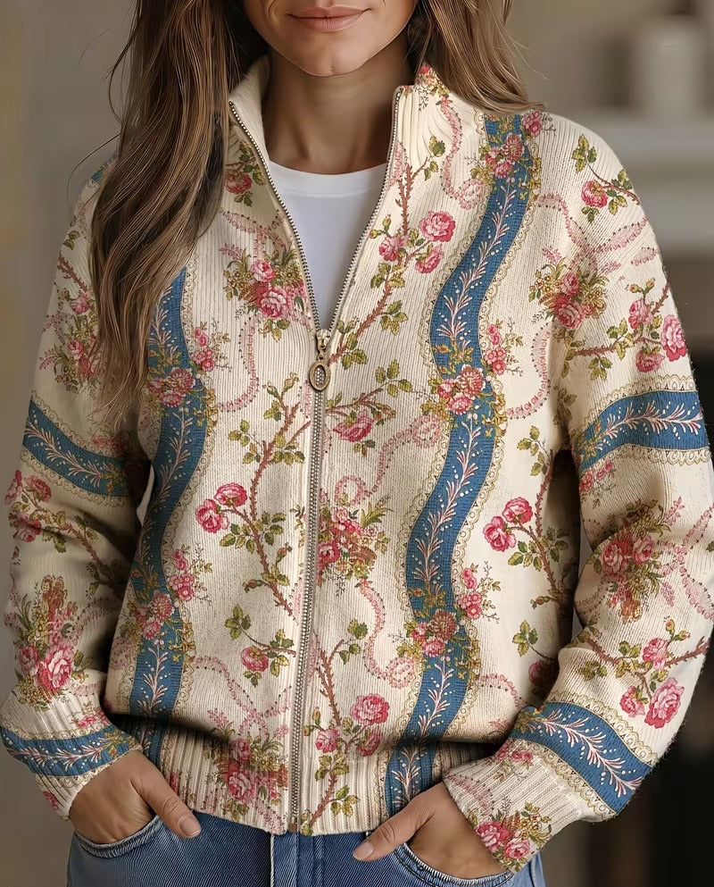 Cardigan met rits en rozenprint