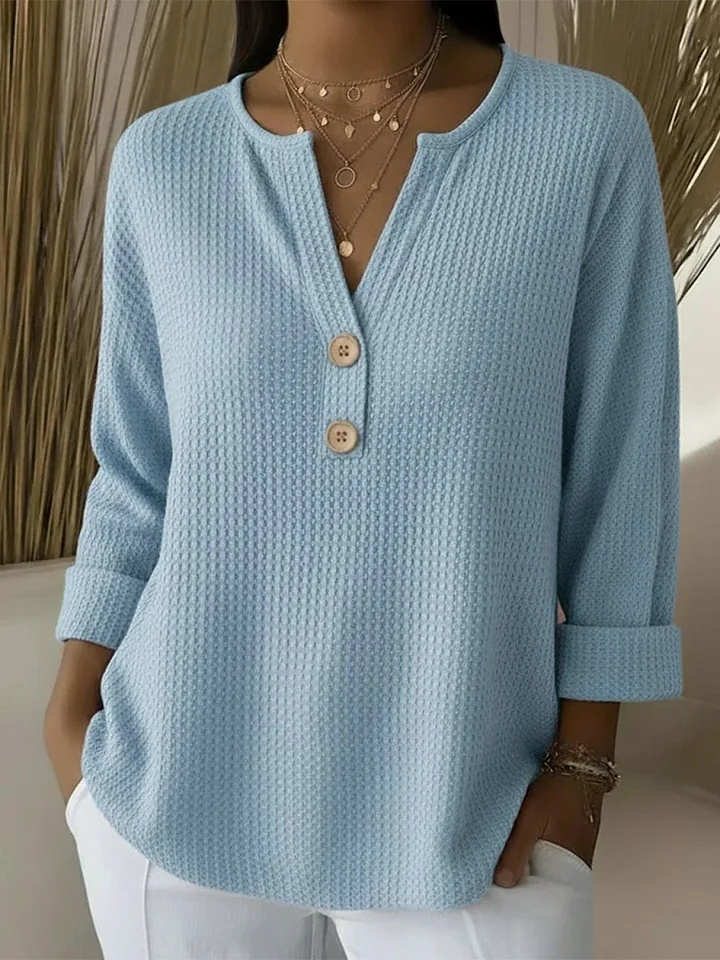 Wafeltrui met henley-detail hemelsblauw