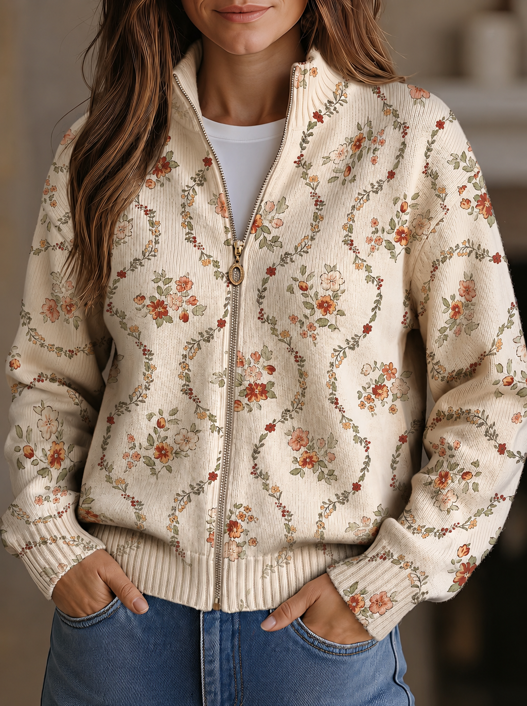 Cardigan met rits en bloemenranken