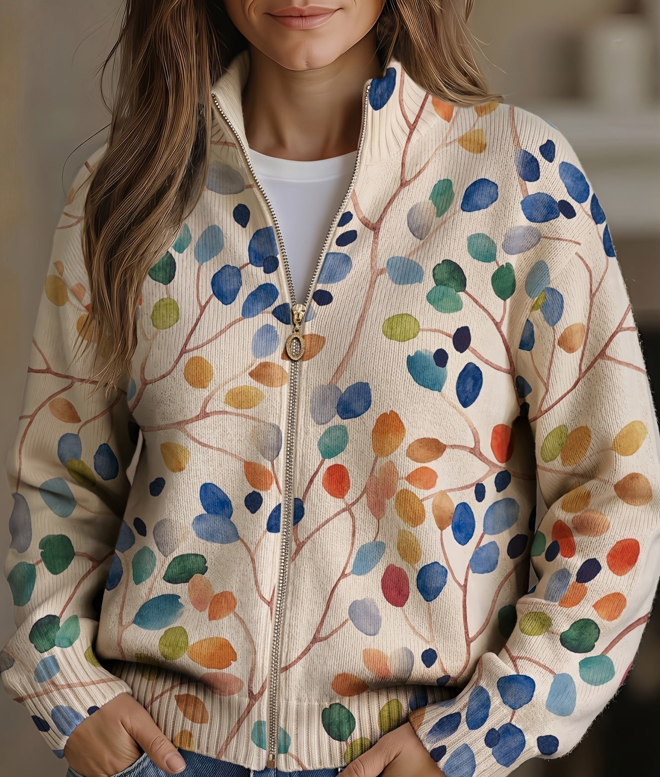 Cardigan met rits en botanische print