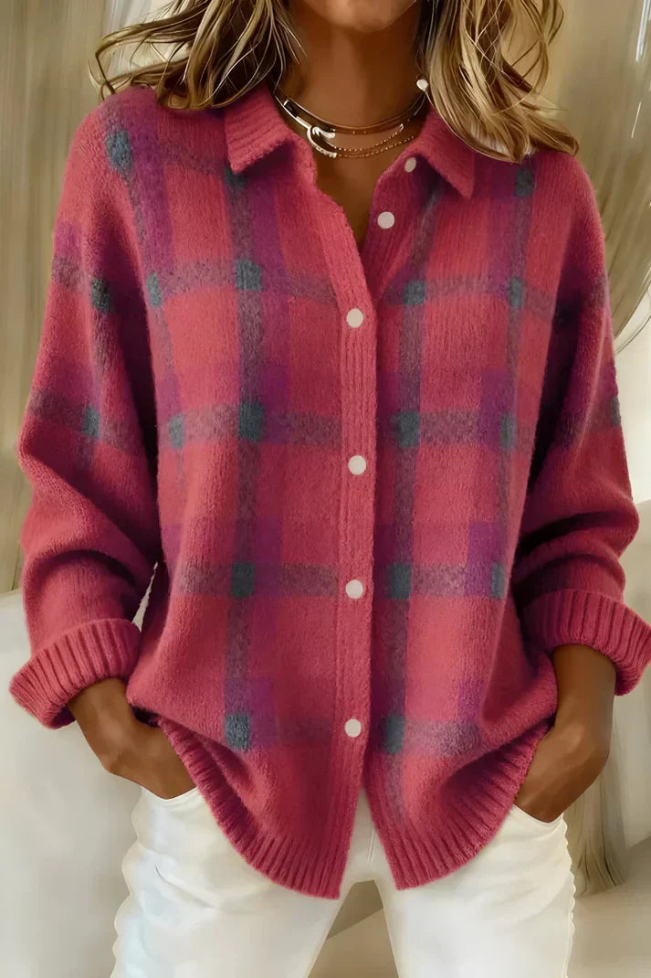 Roze geruite cardigan