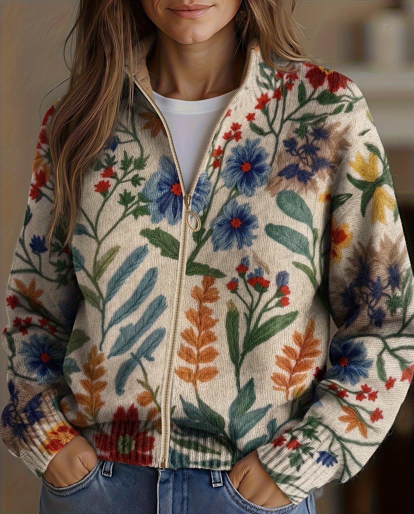 Cardigan met rits en tuinbloemenprint