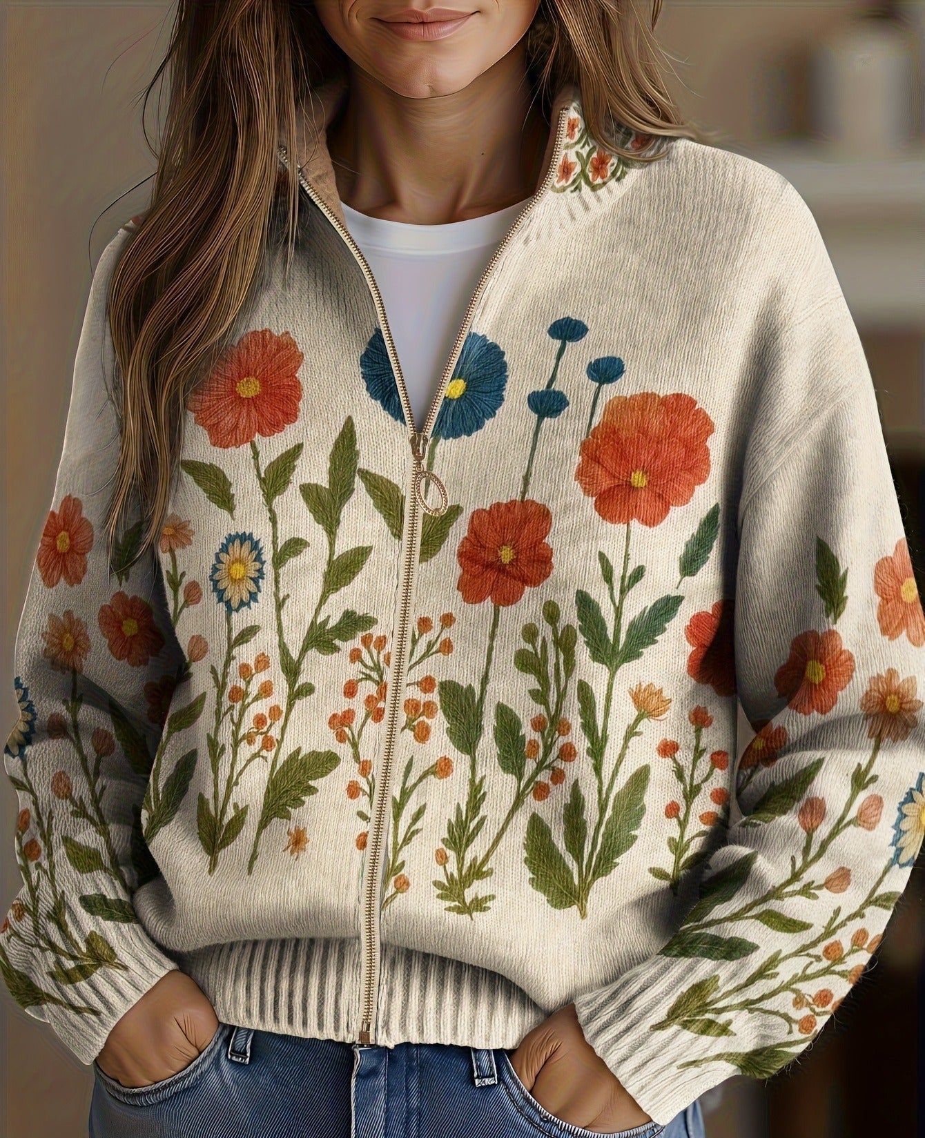 Cardigan met rits en wilde bloemen