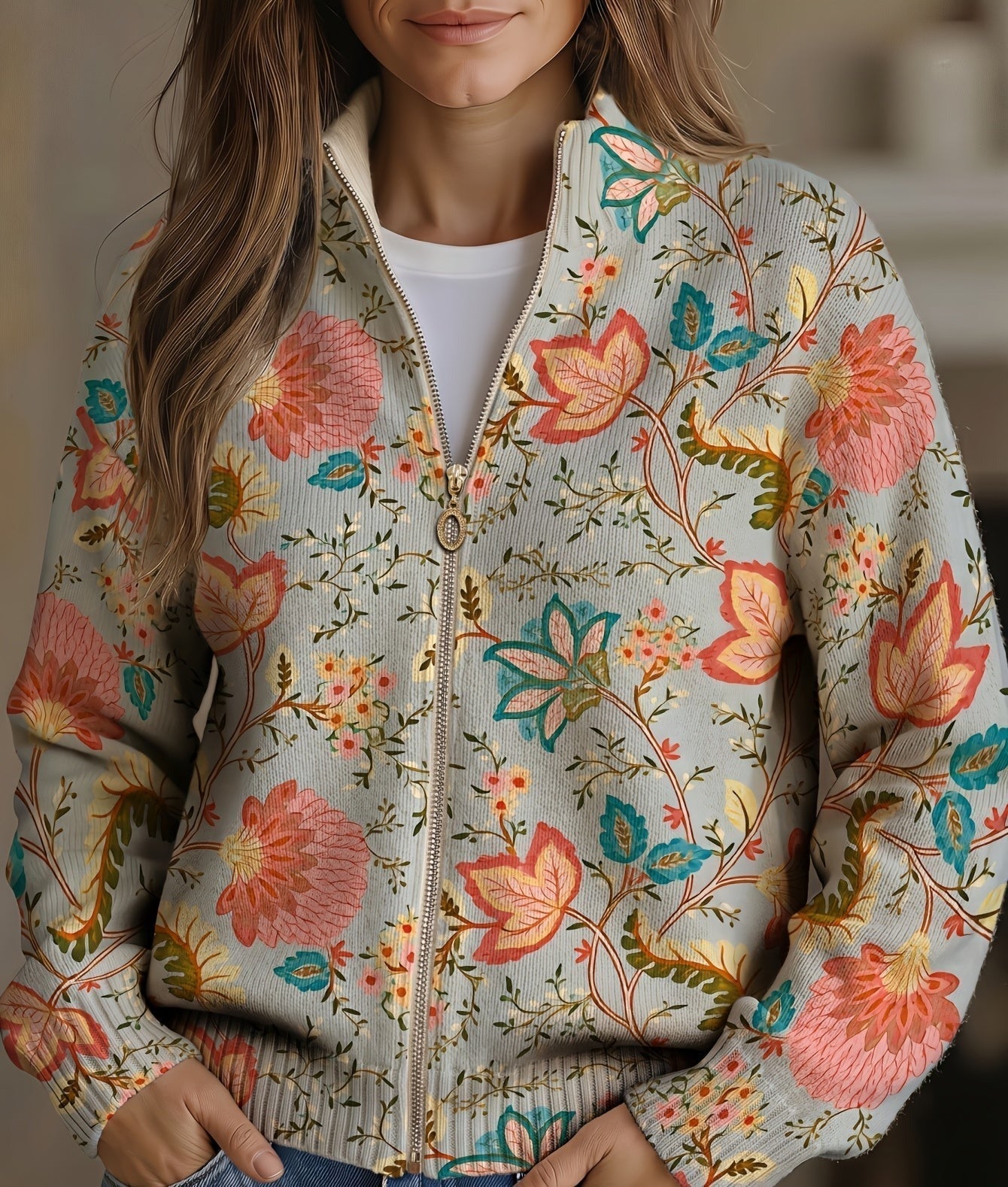 Cardigan met rits en vintage bloemenprint