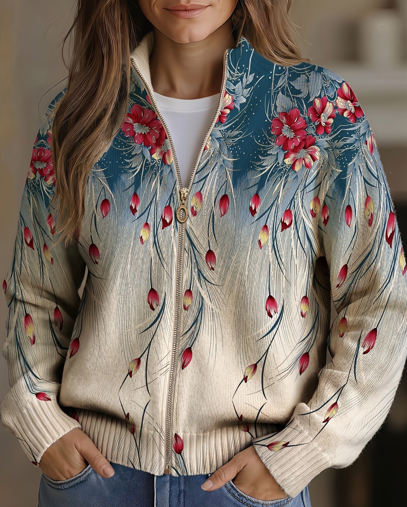 Cardigan met rits en pauw-bloemenprint